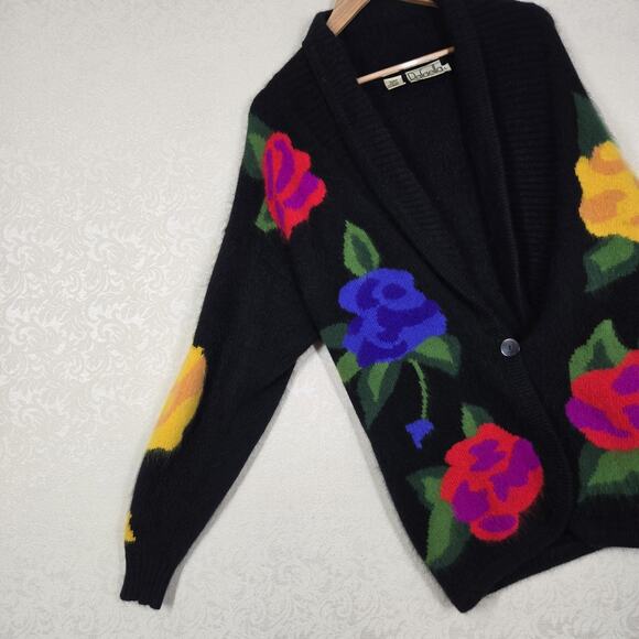 VTG Rafaella Angora Rabbit Hair Lambswool Sweater sz L Black Multicolor Floral - Picture 6 of 12